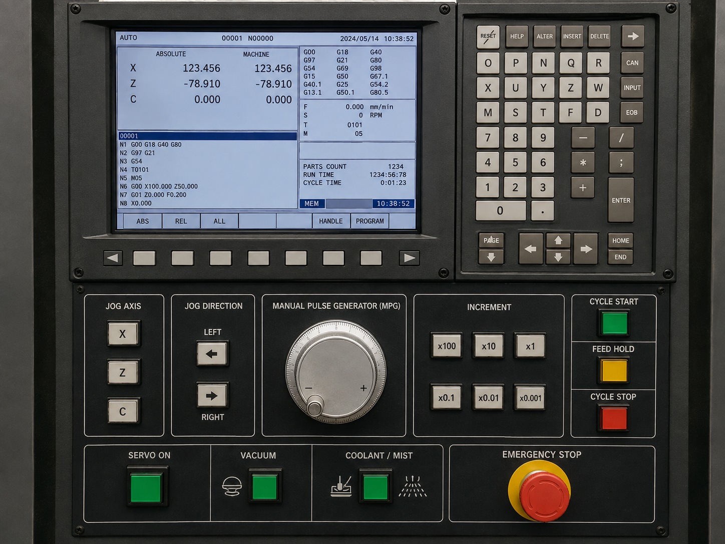 Photo-realistic SPDT-style CNC machine control panel